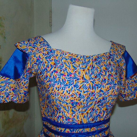 African Ladies Ethnic Dress Custom Fit & Flare 50s style Vibrant Dashiki Blue S - Picture 3 of 10